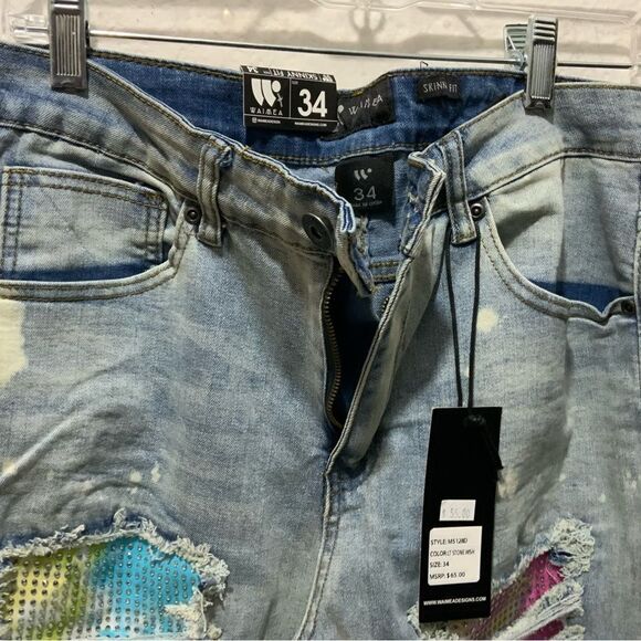 Men's 34x32 Waimea Blue Distressed Ripped rhinestone Skinny Fit Jeans - Picture 9 of 11
